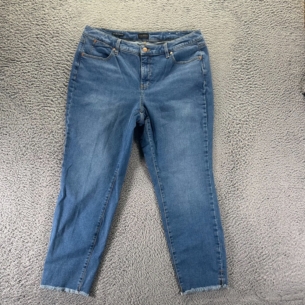 Talbots Jeans Womens 14W Blue Cotton Denim Ankle Slim Frayed-Hem Faded Stretch